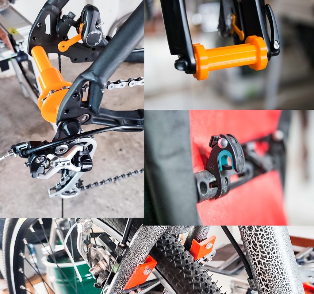 Bike parts collection: Ortlieb, transportation, handle, center finder, O-Ring