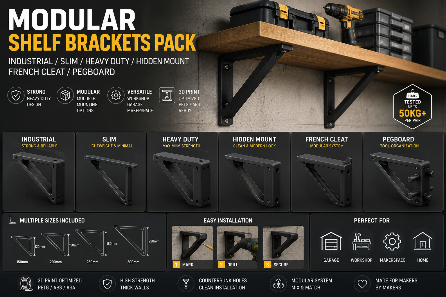 Modular Heavy Duty Shelf Brackets Pack | Industrial / French Cleat / Pegboard - photo 2