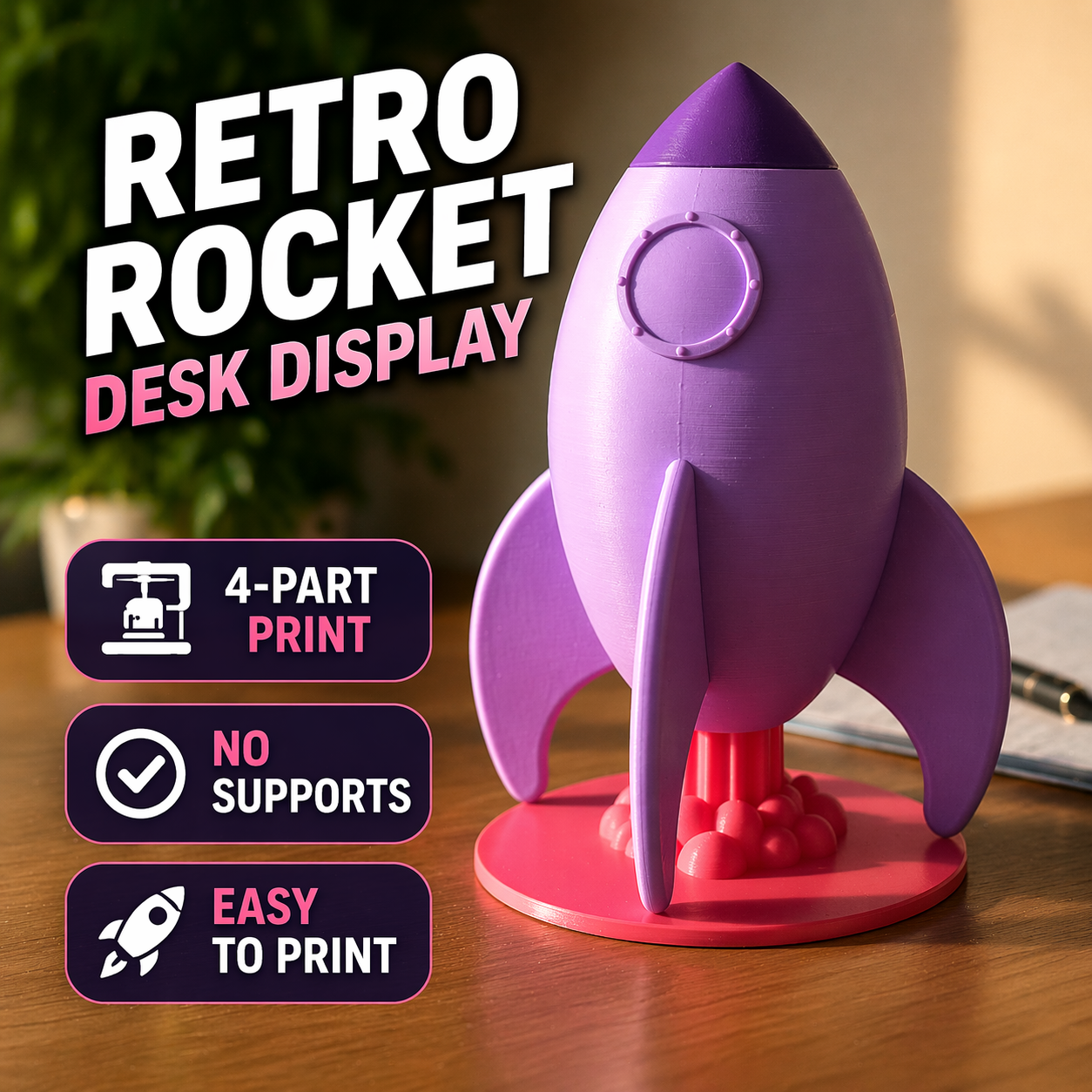 Retro Rocket Desk Display (No Supports, 4-Part Print)