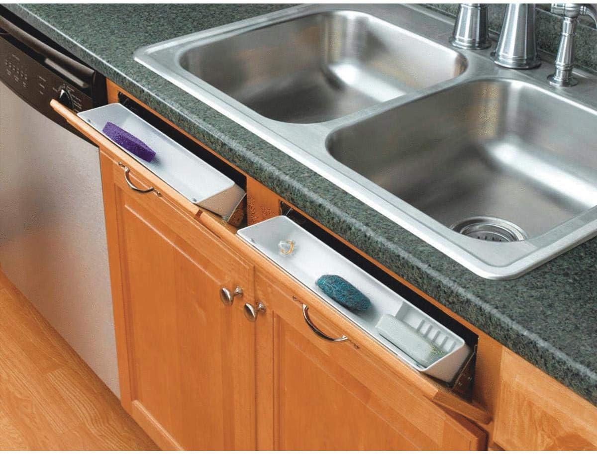Kitchen sink tip-out storage tray - angled with optional drying grid