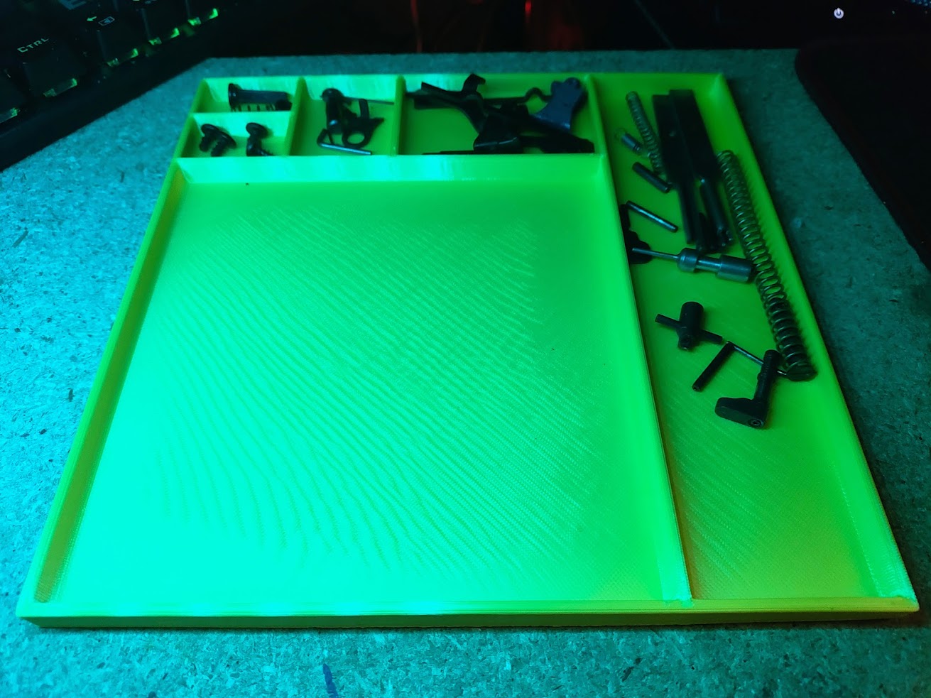 Work tray with small parts sections