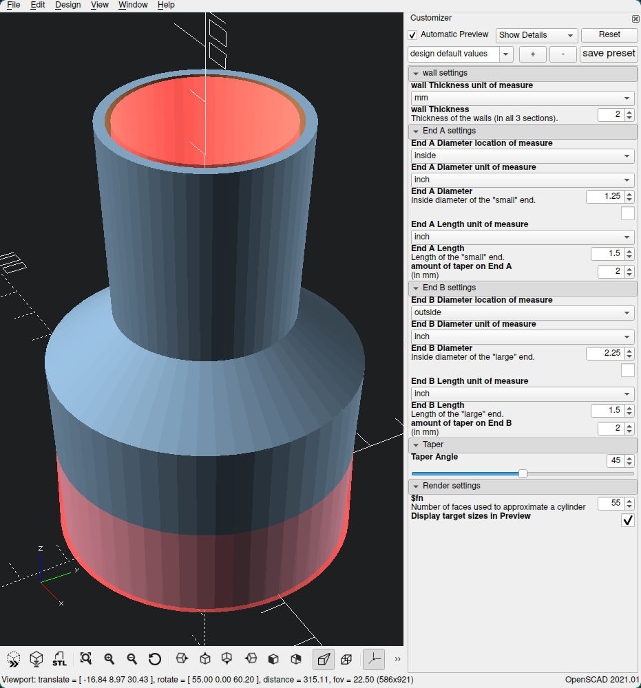 Wet/Dry Workshop Vaccum Hose Adapter (fully parametric: inside/outside, taper, etc.) - photo 4