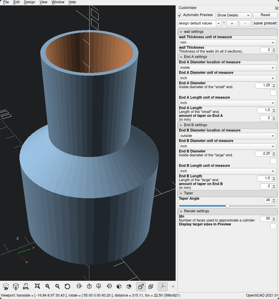 Wet/Dry Workshop Vaccum Hose Adapter (fully parametric: inside/outside, taper, etc.) - photo 3