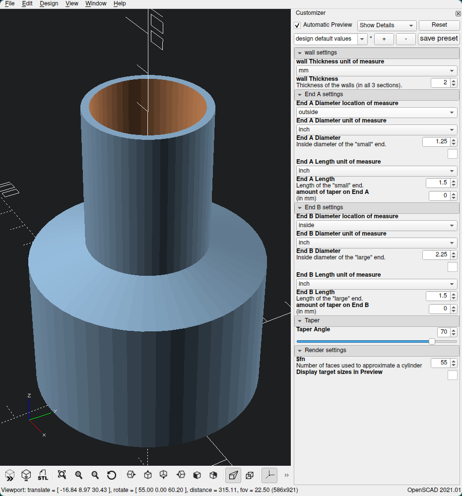 Wet/Dry Workshop Vaccum Hose Adapter (fully parametric: inside/outside, taper, etc.)
