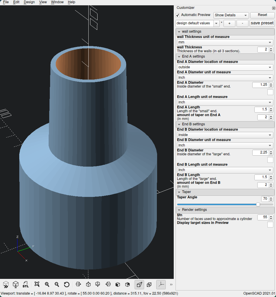 Wet/Dry Workshop Vaccum Hose Adapter (fully parametric: inside/outside, taper, etc.) - photo 2