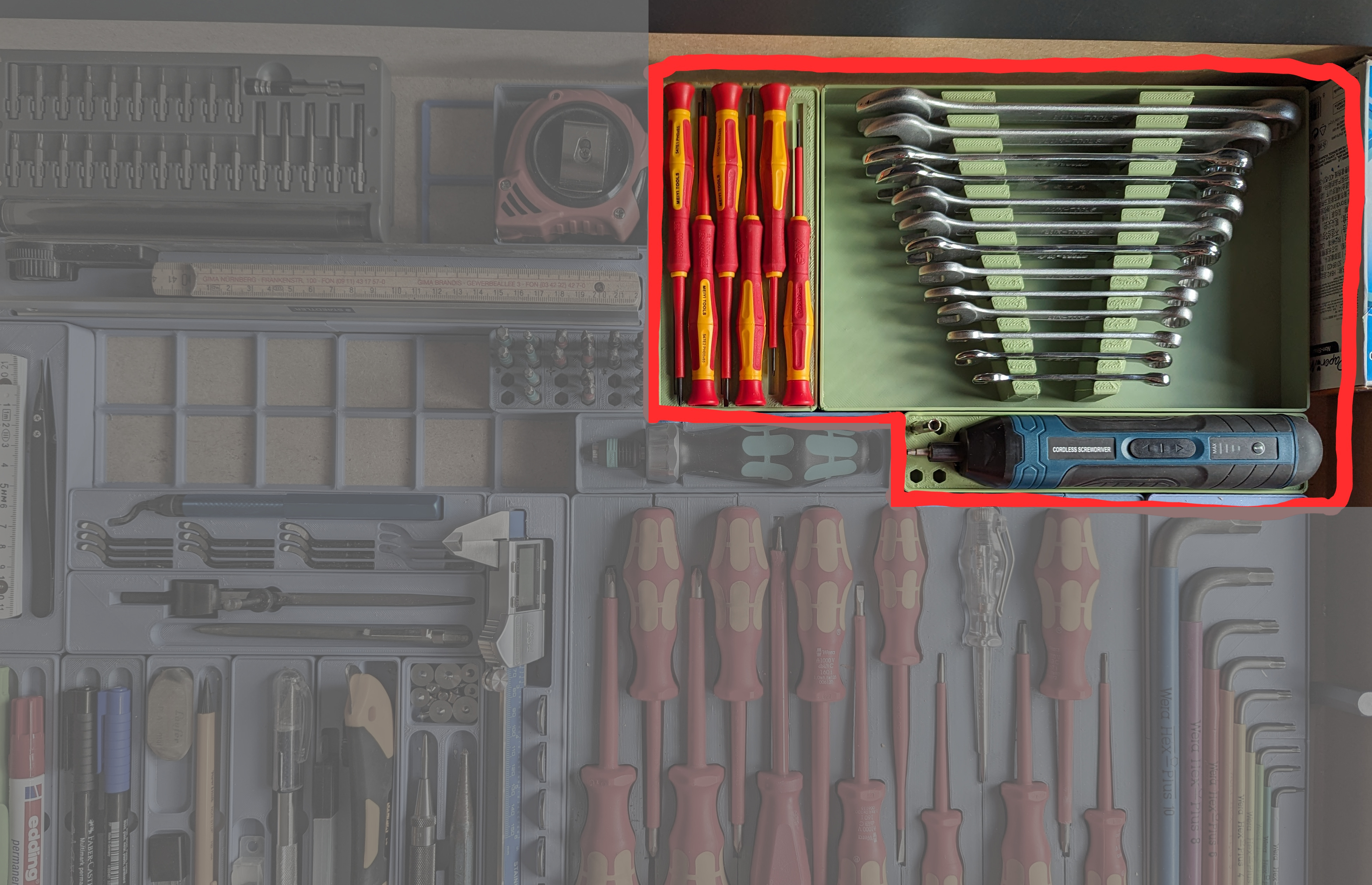 Gridfinity tool holder collection (2nd). Includes tray for wrenches, electric screwdriver, precision screwdriver
