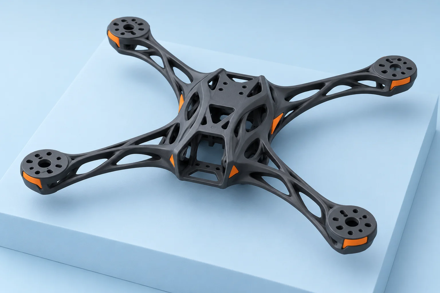 AI-assisted drone-frame concept with organic charcoal ribs and orange accents on a pale blue plinth