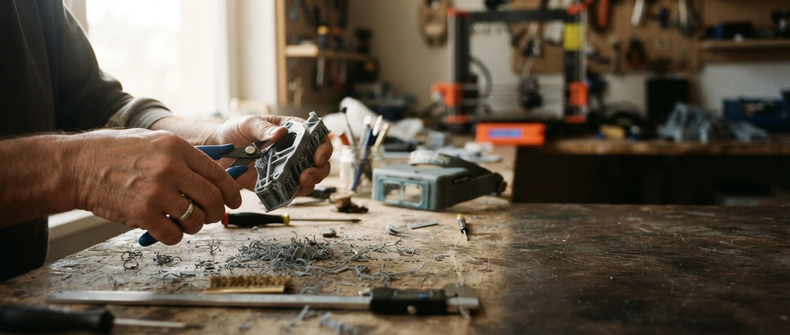 Hands removing support material from a freshly 3D printed part at a workbench