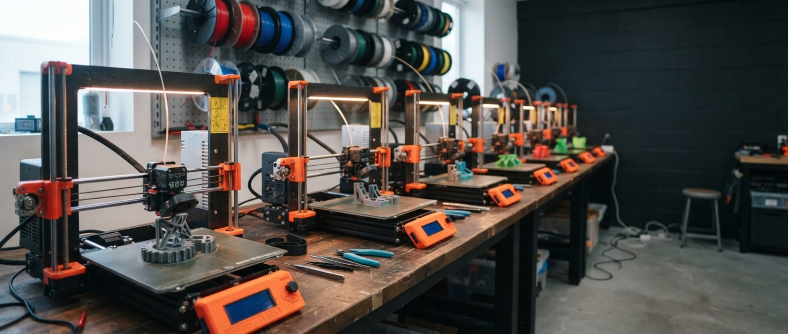 A row of 3D printers mid-print in a small Auckland workshop