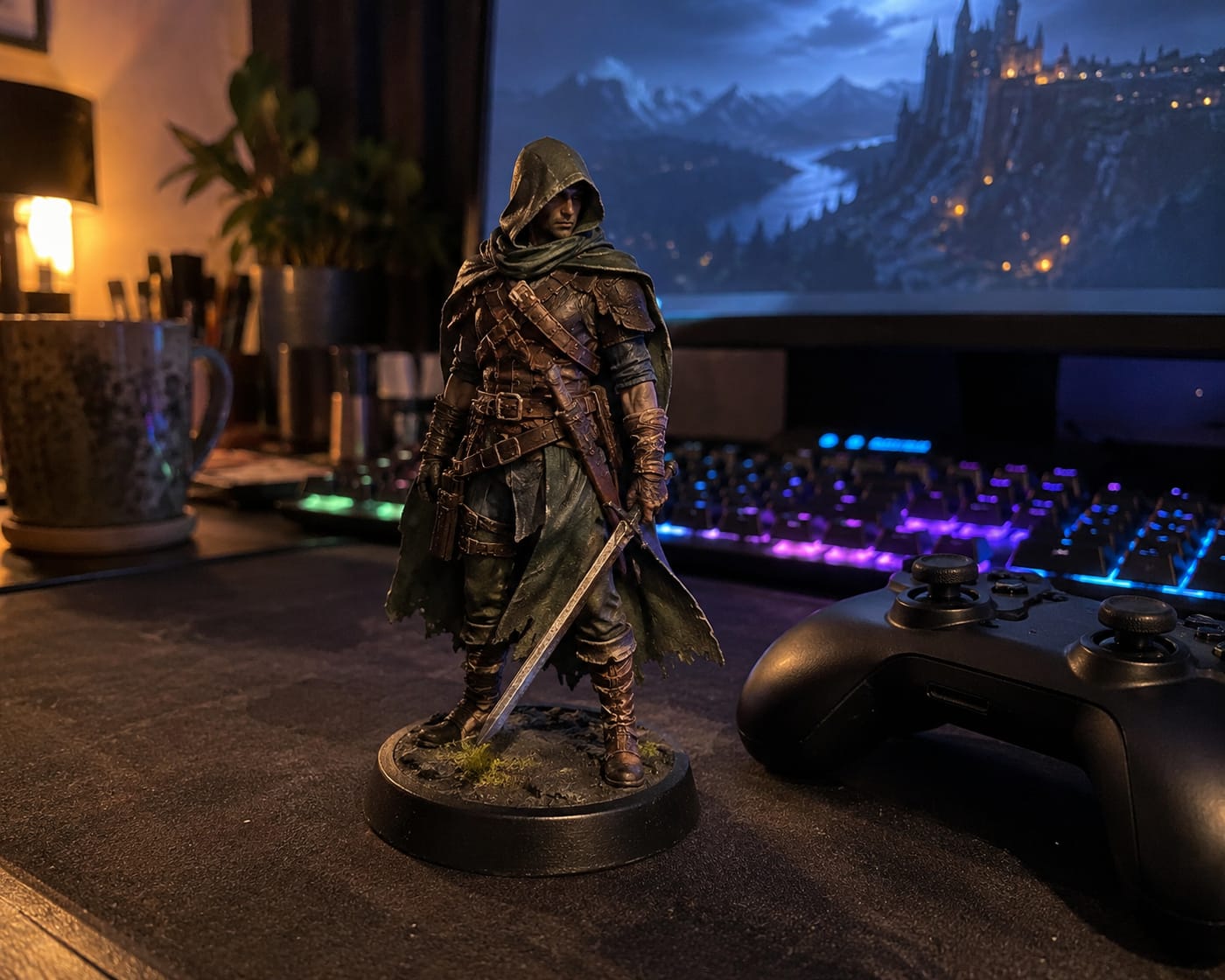 A hand-painted hooded warrior figurine beside a game controller