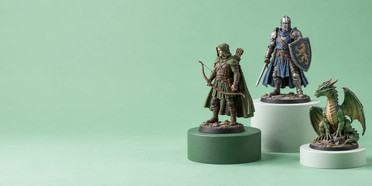 Painted ranger, knight and dragon figurines on mint plinths
