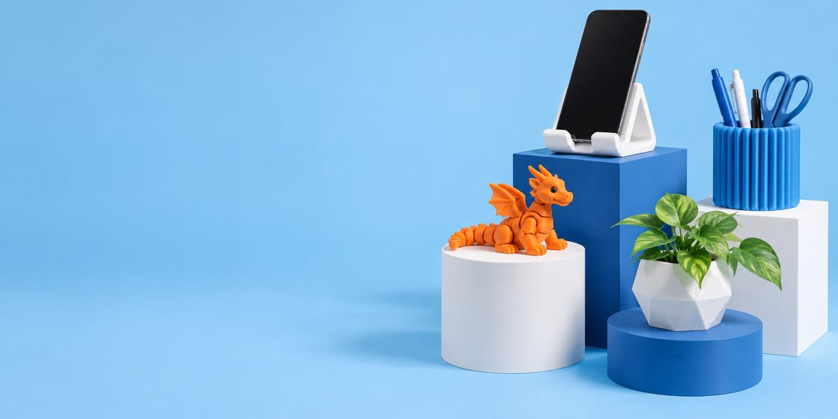 3D printed phone stand, pen holder, dragon and planter on blue plinths